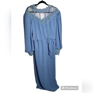 Vintage 70s Periwinkle Maxi Dress Lace Collar, blousen sleeve, size L/16…